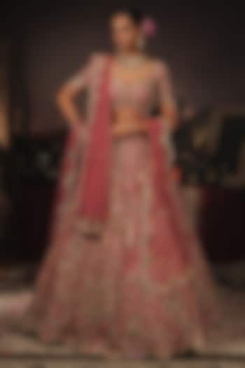 Rose Pink Raw Silk Thread Embroidered Bridal Bridal Lehenga Set by HOUSE OF AYRA at Pernia's Pop Up Shop