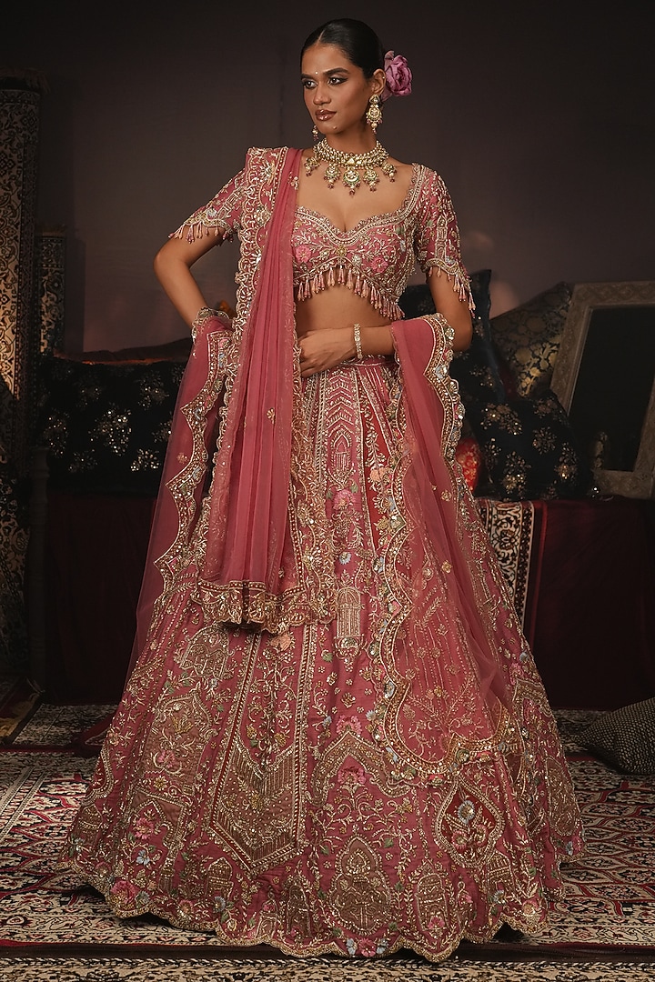 Rose Pink Raw Silk Thread Embroidered Bridal Bridal Lehenga Set by HOUSE OF AYRA at Pernia's Pop Up Shop