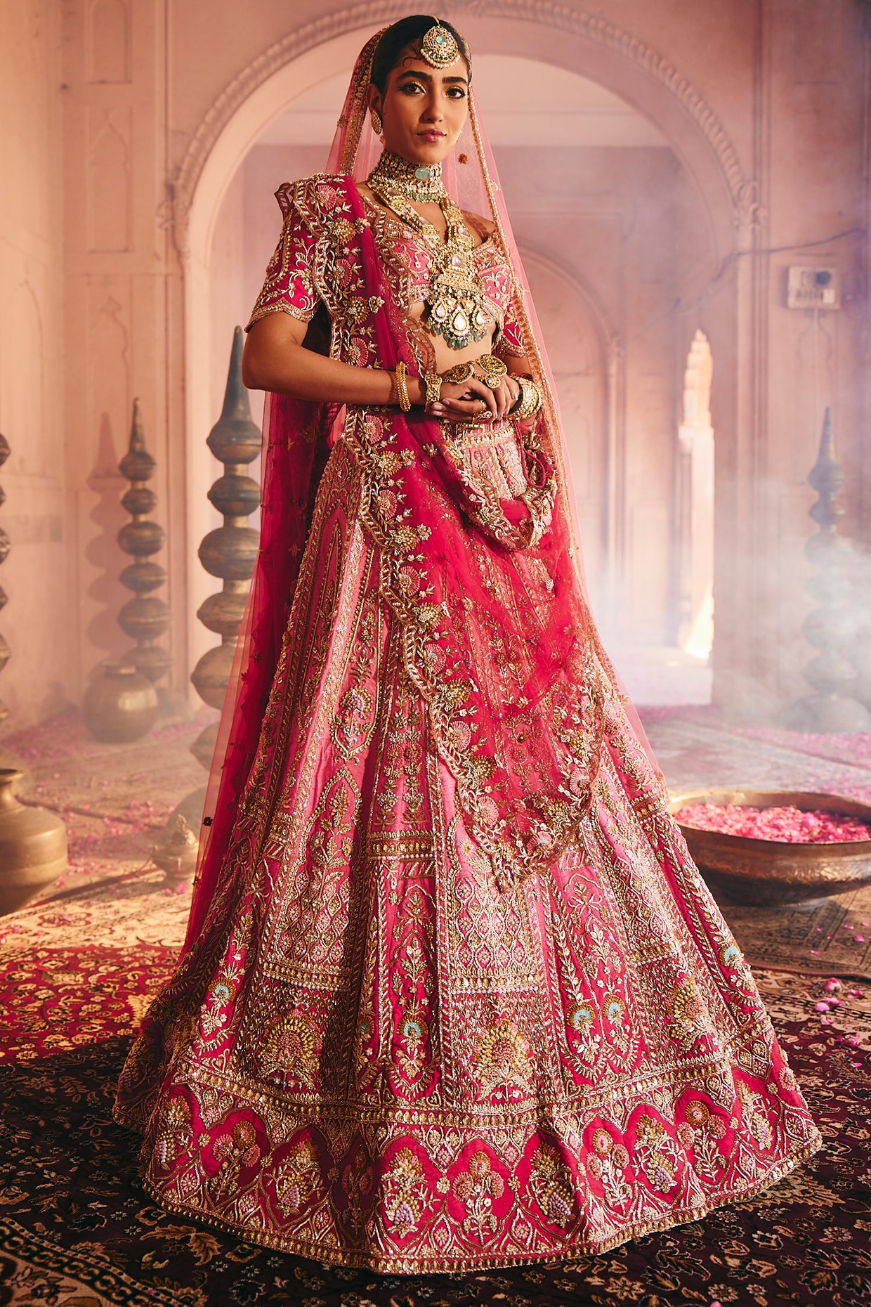 HOUSE OF AYRA Rose Pink & Raspberry Raw Silk Zardosi Embroidered Bridal Lehenga Set