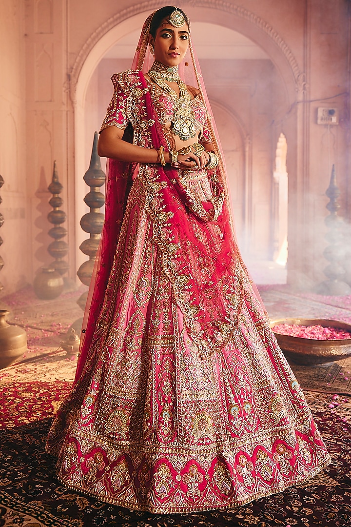 Rose Pink & Raspberry Raw Silk Zardosi Embroidered Bridal Bridal Lehenga Set by HOUSE OF AYRA at Pernia's Pop Up Shop