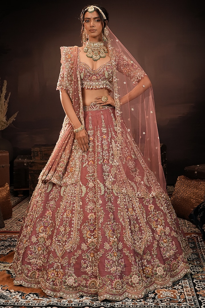 Dark Mauve Raw Silk Hand Embroidered Bridal Bridal Lehenga Set by HOUSE OF AYRA at Pernia's Pop Up Shop