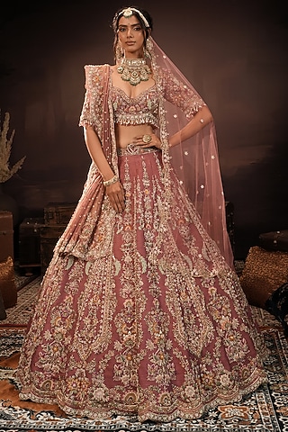Dark Mauve Raw Silk Hand Embroidered Bridal Lehenga Set by HOUSE OF AYRA