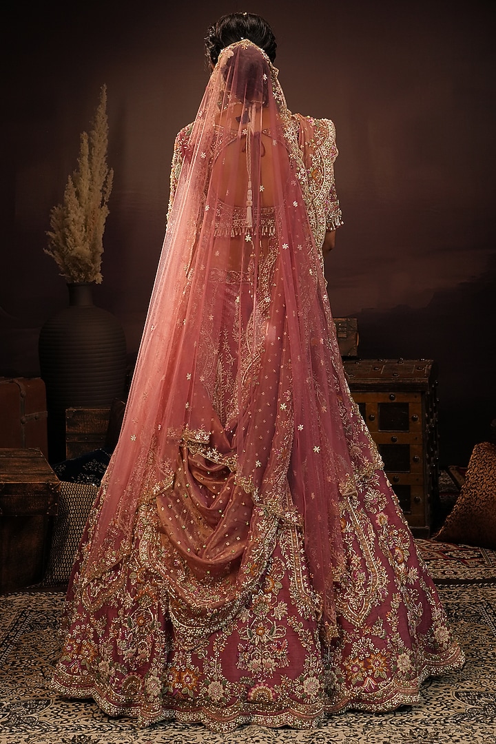 Dark Mauve Raw Silk Hand Embroidered Bridal Bridal Lehenga Set by HOUSE OF AYRA at Pernia's Pop Up Shop