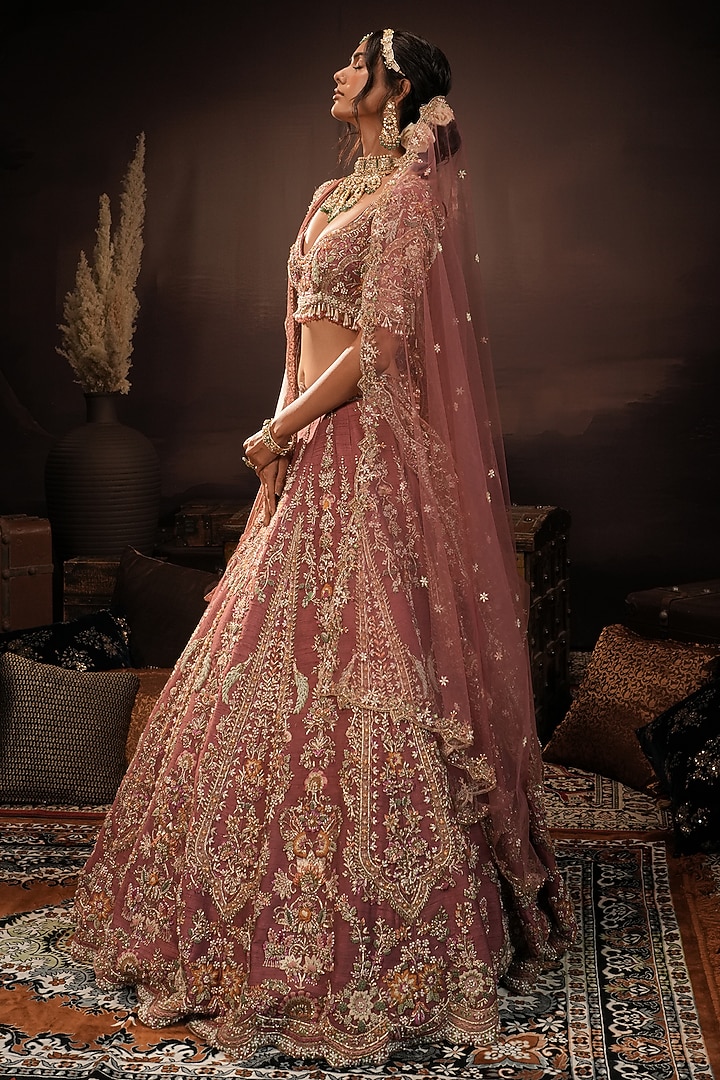 Dark Mauve Raw Silk Hand Embroidered Bridal Bridal Lehenga Set by HOUSE OF AYRA at Pernia's Pop Up Shop