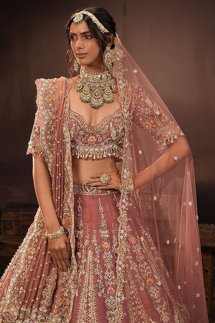 Dark Mauve Raw Silk Hand Embroidered Bridal Bridal Lehenga Set by HOUSE OF AYRA at Pernia's Pop Up Shop