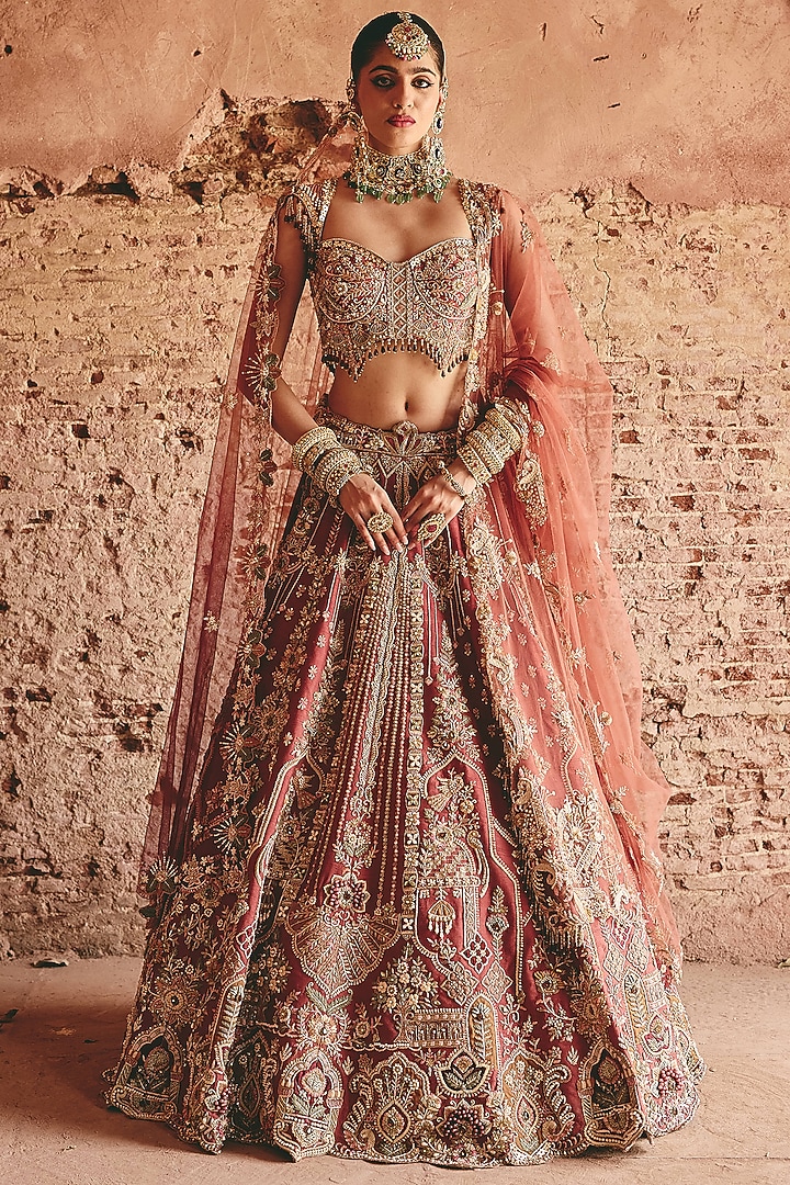 Dusty Sand Raw Silk Hand Embroidered Bridal Bridal Lehenga Set by HOUSE OF AYRA at Pernia's Pop Up Shop