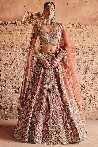 Dusty Sand Raw Silk Hand Embroidered Bridal Lehenga Set by HOUSE OF AYRA
