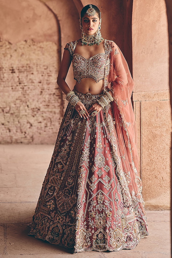 Dusty Sand Raw Silk Hand Embroidered Bridal Bridal Lehenga Set by HOUSE OF AYRA at Pernia's Pop Up Shop