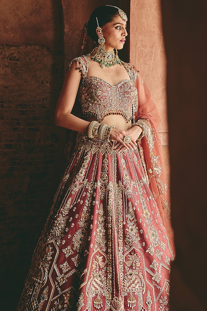 Dusty Sand Raw Silk Hand Embroidered Bridal Bridal Lehenga Set by HOUSE OF AYRA at Pernia's Pop Up Shop
