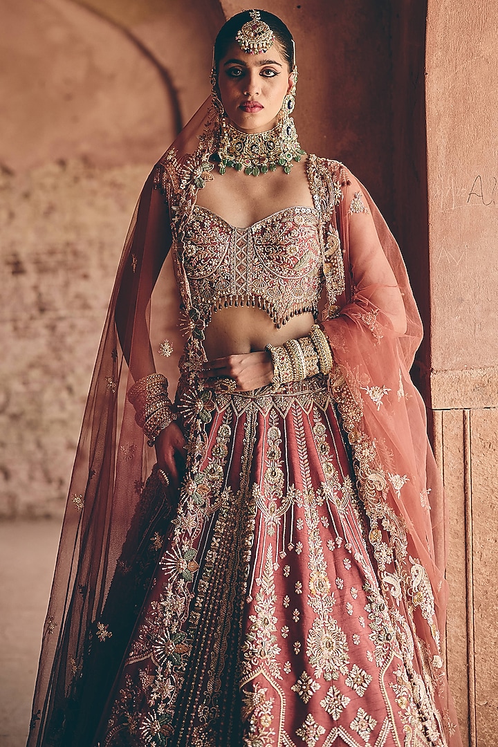 Dusty Sand Raw Silk Hand Embroidered Bridal Bridal Lehenga Set by HOUSE OF AYRA at Pernia's Pop Up Shop