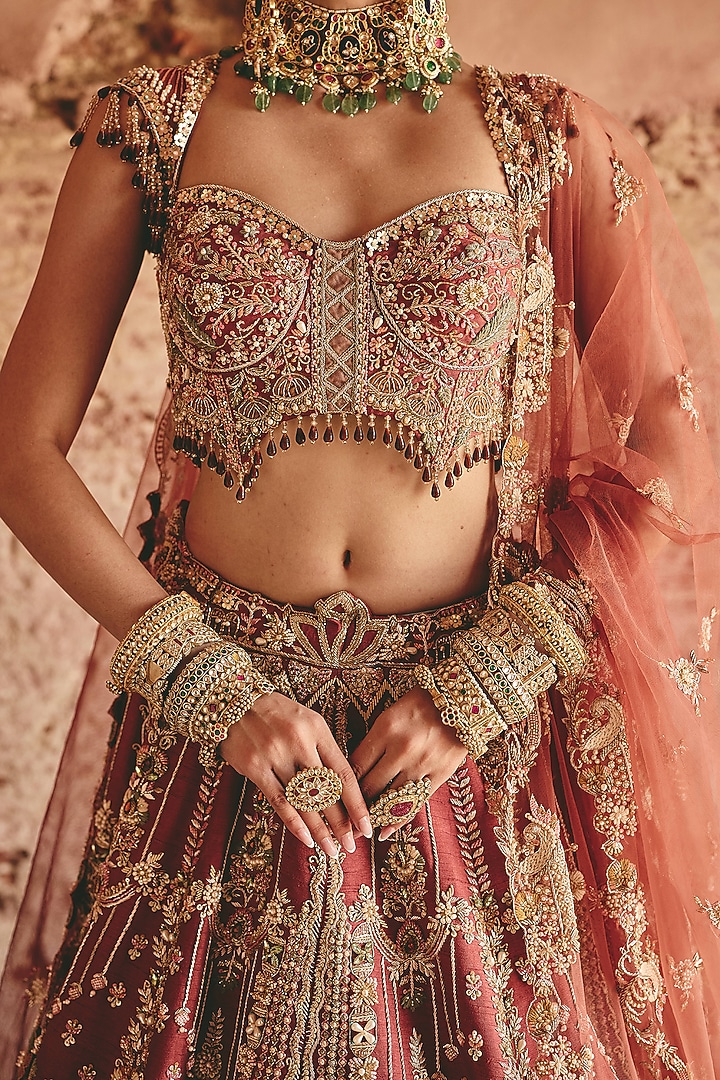 Dusty Sand Raw Silk Hand Embroidered Bridal Bridal Lehenga Set by HOUSE OF AYRA at Pernia's Pop Up Shop