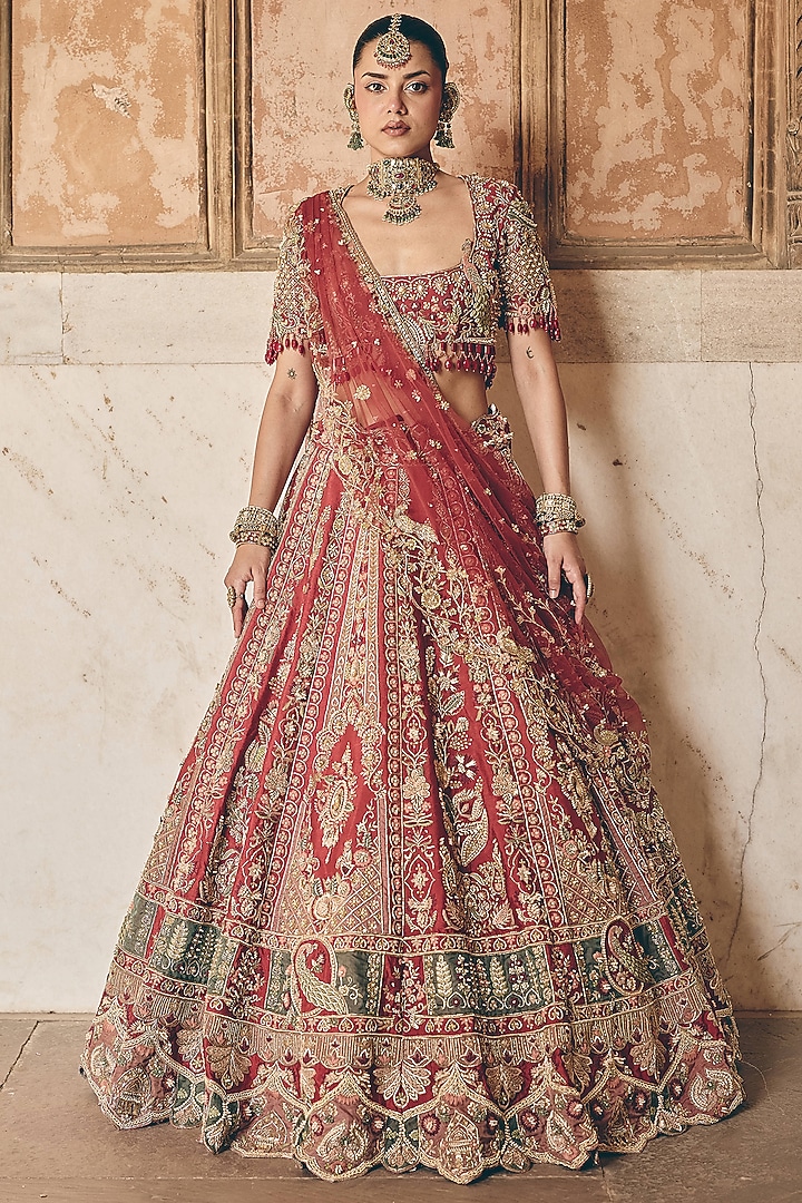 Brick Coral Red Raw Silk Hand Embroidered Bridal Bridal Lehenga Set by HOUSE OF AYRA at Pernia's Pop Up Shop