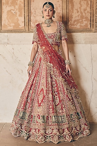 Brick Coral Red Raw Silk Hand Embroidered Bridal Lehenga Set by HOUSE OF AYRA