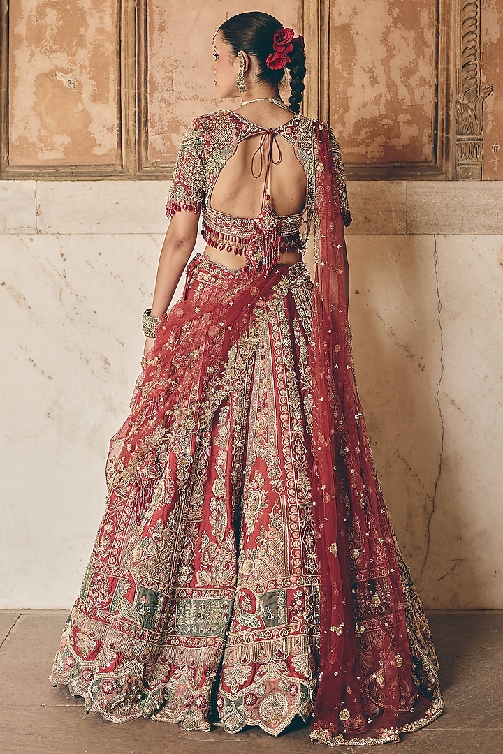 Brick Coral Red Raw Silk Hand Embroidered Bridal Bridal Lehenga Set by HOUSE OF AYRA at Pernia's Pop Up Shop