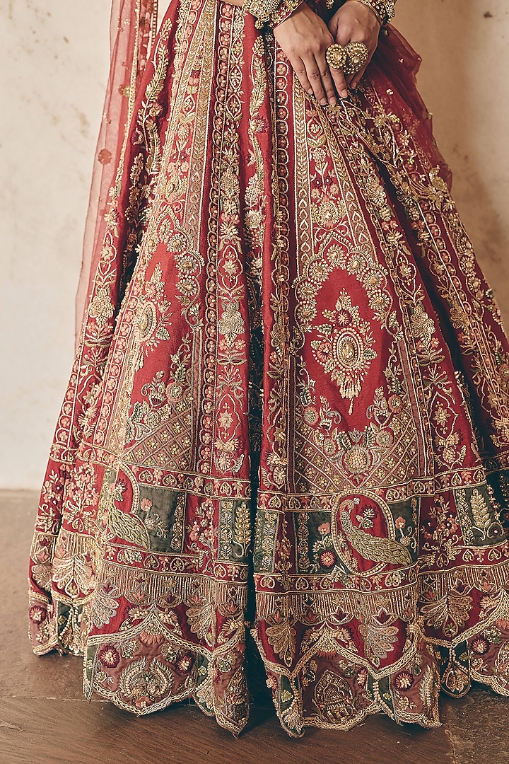 Brick Coral Red Raw Silk Hand Embroidered Bridal Bridal Lehenga Set by HOUSE OF AYRA at Pernia's Pop Up Shop