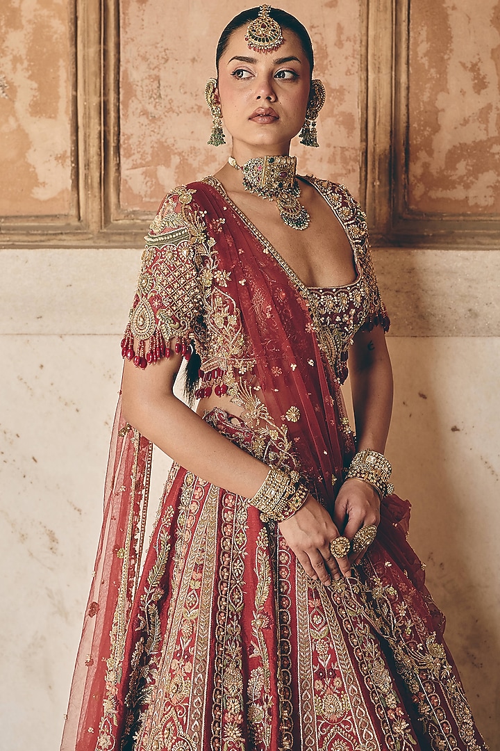 Brick Coral Red Raw Silk Hand Embroidered Bridal Bridal Lehenga Set by HOUSE OF AYRA at Pernia's Pop Up Shop