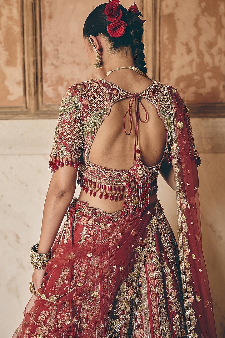 Brick Coral Red Raw Silk Hand Embroidered Bridal Bridal Lehenga Set by HOUSE OF AYRA at Pernia's Pop Up Shop