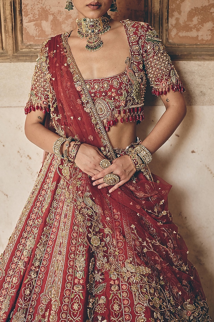 Brick Coral Red Raw Silk Hand Embroidered Bridal Bridal Lehenga Set by HOUSE OF AYRA at Pernia's Pop Up Shop
