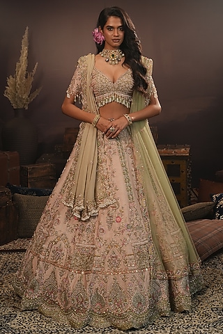Blush Pink Raw Silk Floral Embroidered Bridal Lehenga Set by HOUSE OF AYRA