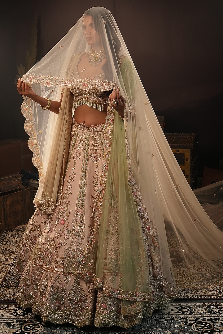 Blush Pink Raw Silk Floral Embroidered Bridal Bridal Lehenga Set by HOUSE OF AYRA at Pernia's Pop Up Shop