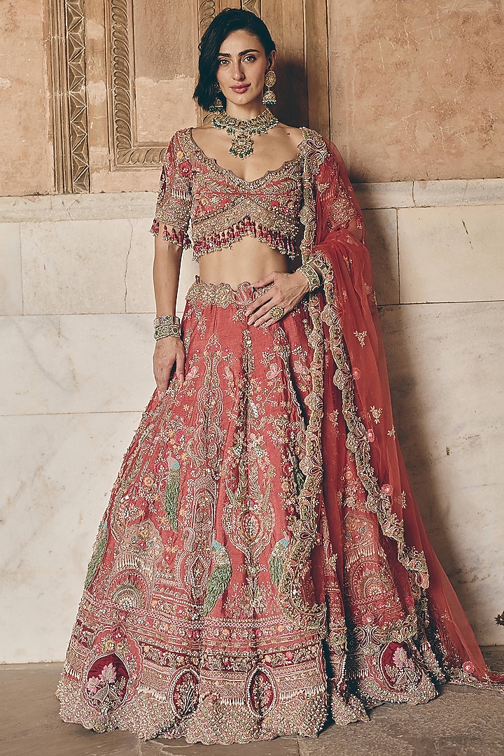 Brick Coral Red Raw Silk Floral Embroidered Bridal Bridal Lehenga Set by HOUSE OF AYRA at Pernia's Pop Up Shop
