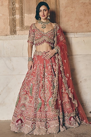 Brick Coral Red Raw Silk Floral Embroidered Bridal Lehenga Set by HOUSE OF AYRA