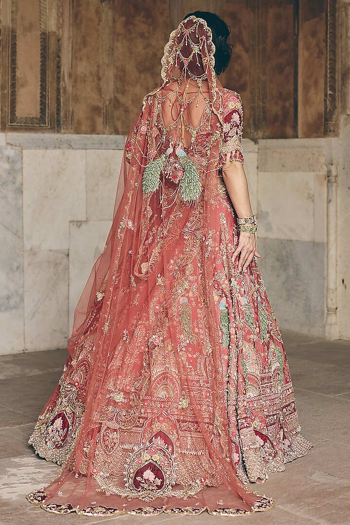 Brick Coral Red Raw Silk Floral Embroidered Bridal Bridal Lehenga Set by HOUSE OF AYRA at Pernia's Pop Up Shop