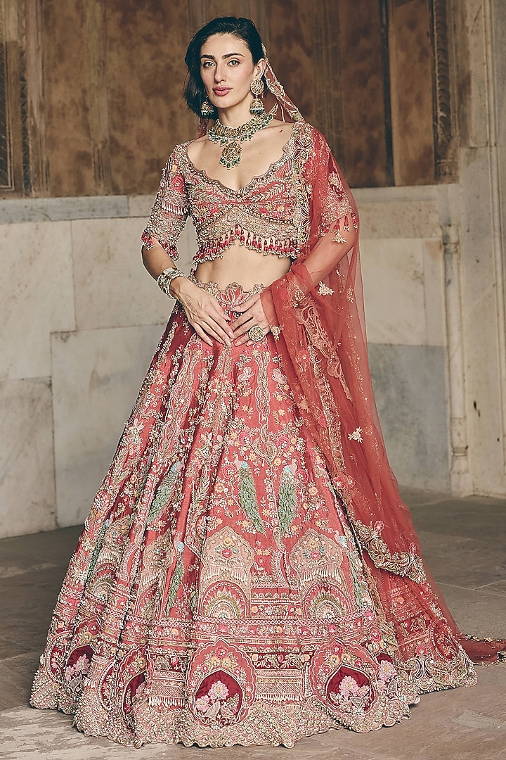 Brick Coral Red Raw Silk Floral Embroidered Bridal Bridal Lehenga Set by HOUSE OF AYRA at Pernia's Pop Up Shop