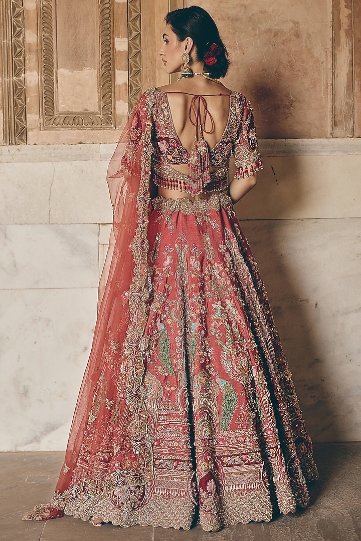 Brick Coral Red Raw Silk Floral Embroidered Bridal Bridal Lehenga Set by HOUSE OF AYRA at Pernia's Pop Up Shop