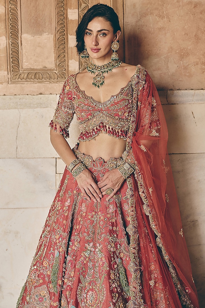 Brick Coral Red Raw Silk Floral Embroidered Bridal Bridal Lehenga Set by HOUSE OF AYRA at Pernia's Pop Up Shop