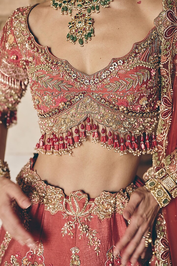 Brick Coral Red Raw Silk Floral Embroidered Bridal Bridal Lehenga Set by HOUSE OF AYRA at Pernia's Pop Up Shop