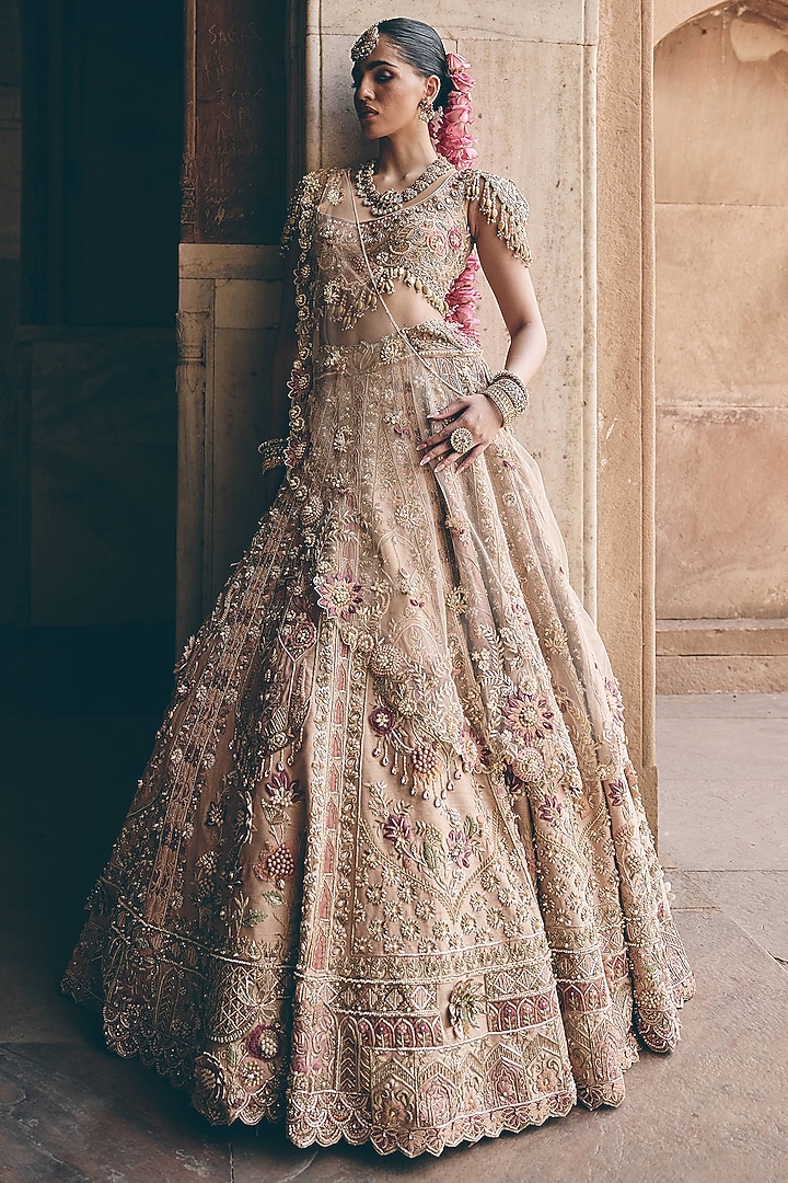 Blush Peach Raw Silk Zardosi Embroidered Bridal Bridal Lehenga Set by HOUSE OF AYRA at Pernia's Pop Up Shop