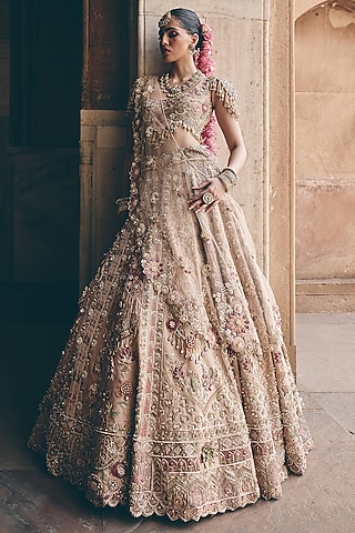 Blush Peach Raw Silk Zardosi Embroidered Bridal Lehenga Set by HOUSE OF AYRA