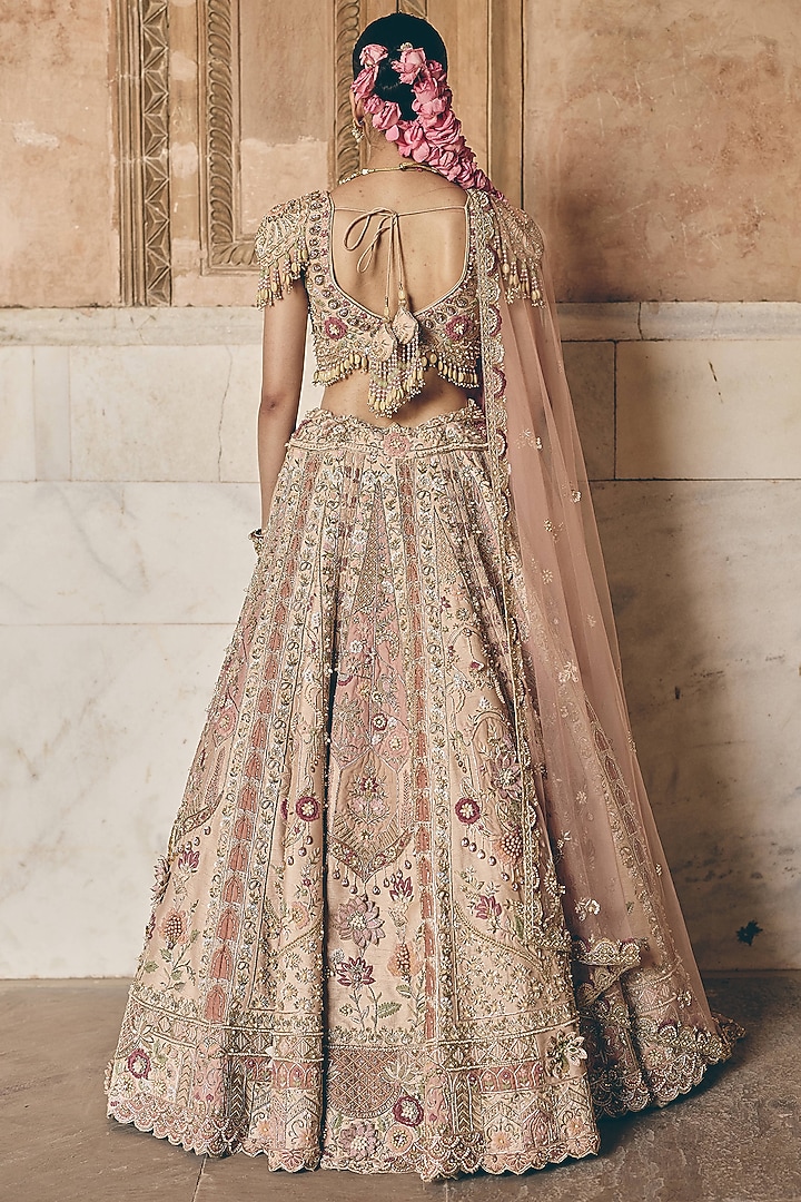 Blush Peach Raw Silk Zardosi Embroidered Bridal Bridal Lehenga Set by HOUSE OF AYRA at Pernia's Pop Up Shop