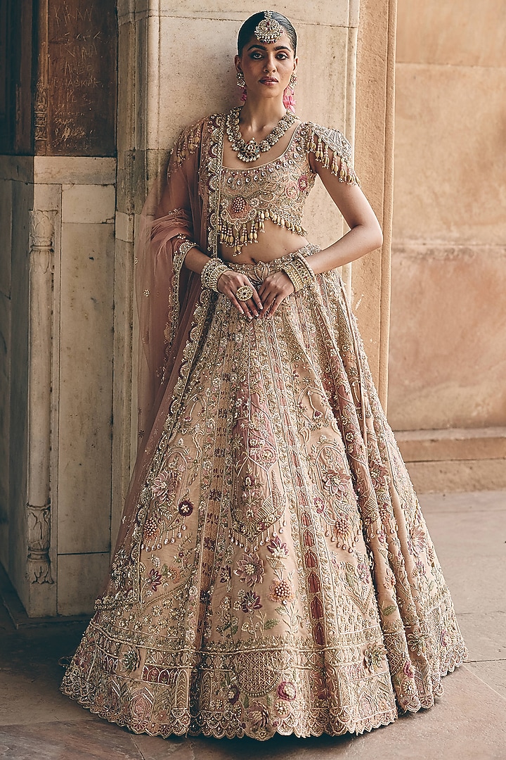 Blush Peach Raw Silk Zardosi Embroidered Bridal Bridal Lehenga Set by HOUSE OF AYRA at Pernia's Pop Up Shop