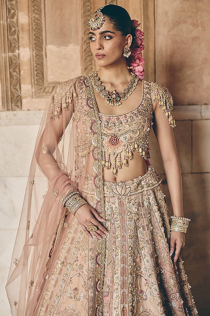 Blush Peach Raw Silk Zardosi Embroidered Bridal Bridal Lehenga Set by HOUSE OF AYRA at Pernia's Pop Up Shop
