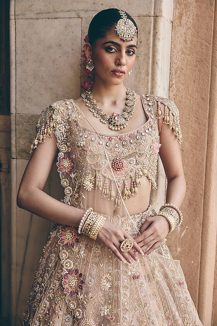 Blush Peach Raw Silk Zardosi Embroidered Bridal Bridal Lehenga Set by HOUSE OF AYRA at Pernia's Pop Up Shop