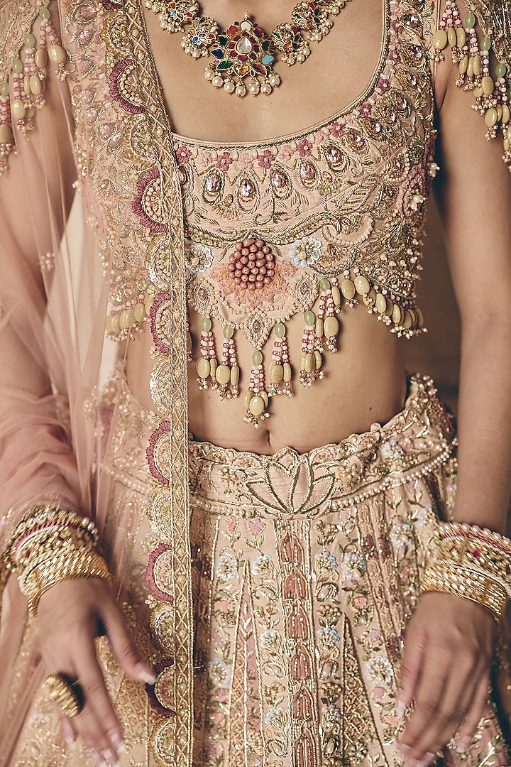 Blush Peach Raw Silk Zardosi Embroidered Bridal Bridal Lehenga Set by HOUSE OF AYRA at Pernia's Pop Up Shop