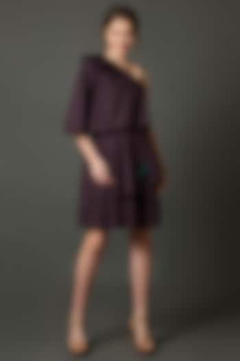 Wine Layered Dress With Asymmetric Neckline by House of Behram