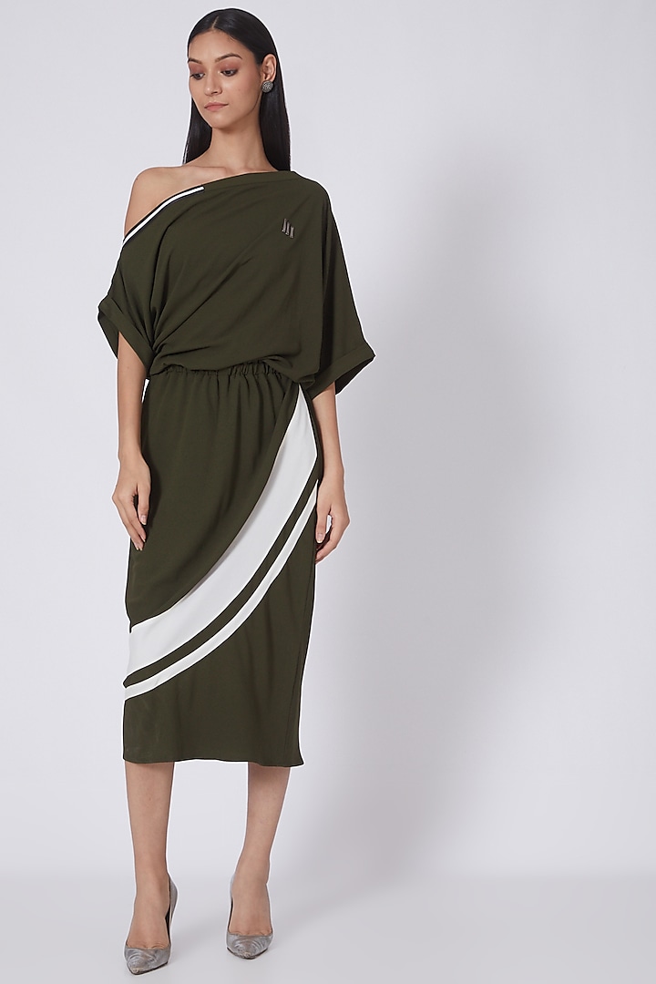 Olive Green Off Shoulder Dress by House Of Behram