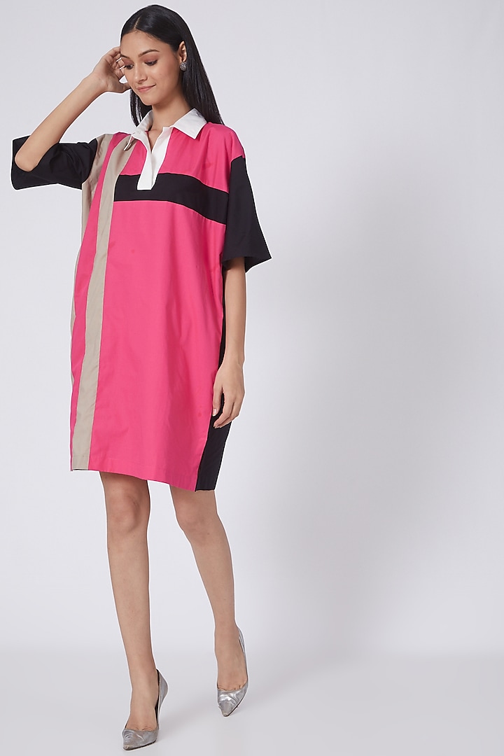 Blush Pink Color Blocked Shirt Dress by House Of Behram