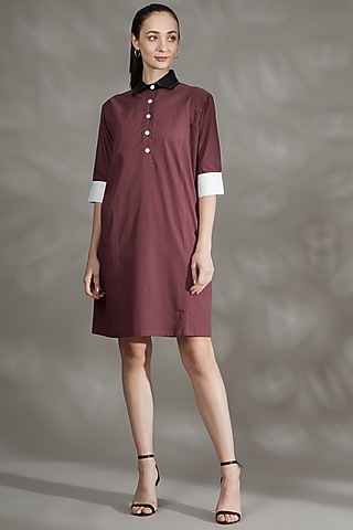 Plum Cotton Poplin A-Line Dress by House Of Behram