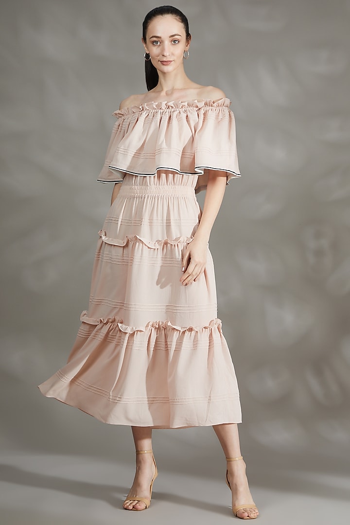 Powder Pink Crepe A-Line Dress by House Of Behram
