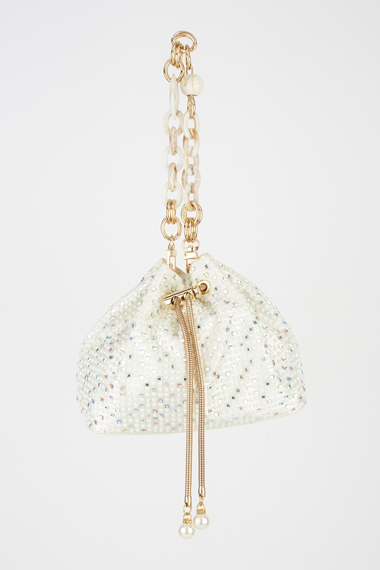White Pearl Embellished Potli With Chain by House of BIO by Ritti Khanna