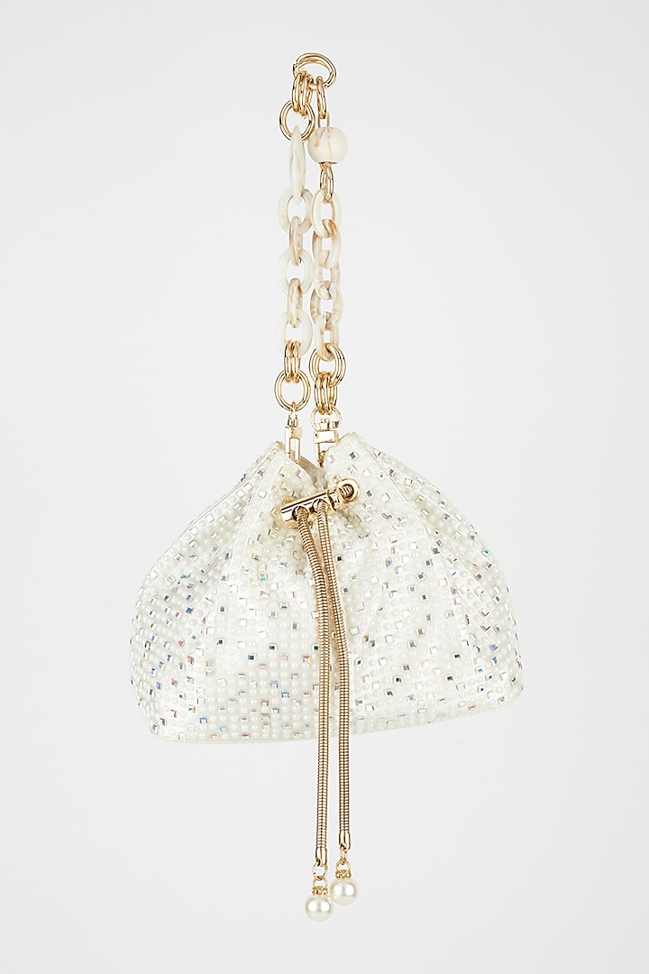 White Pearl Embellished Potli With Chain by House of BIO by Ritti Khanna