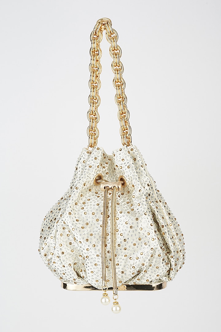 Off-White Embellished Potli With Chain by House of BIO by Ritti Khanna
