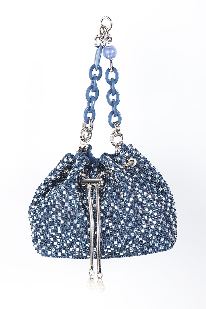 Cobalt Blue Embellished Bucket Bag by House of BIO by Ritti Khanna