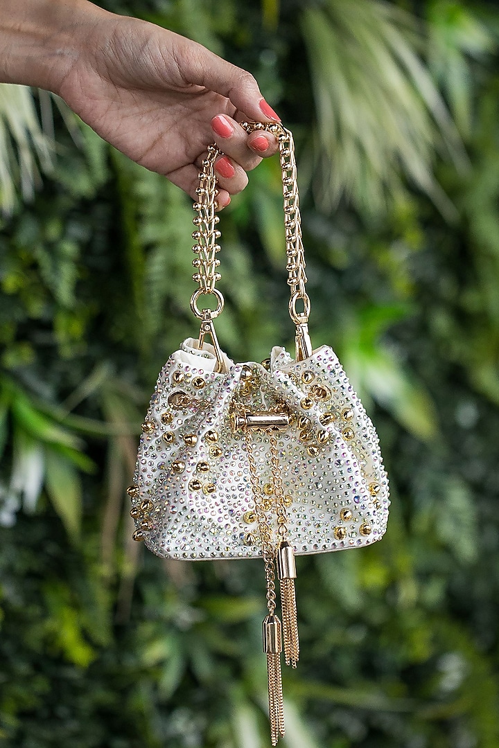 White Crystal Embellished Potli by House of BIO by Ritti Khanna