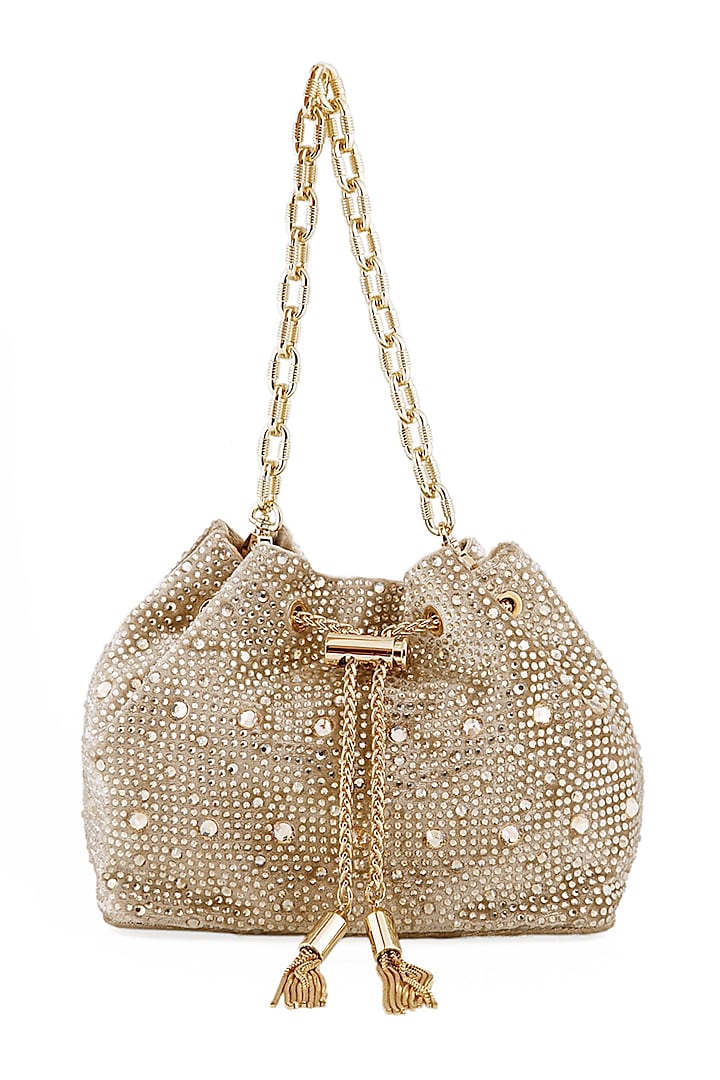 Gold Velvet Swarovski Bucket Bag by House of BIO by Ritti Khanna