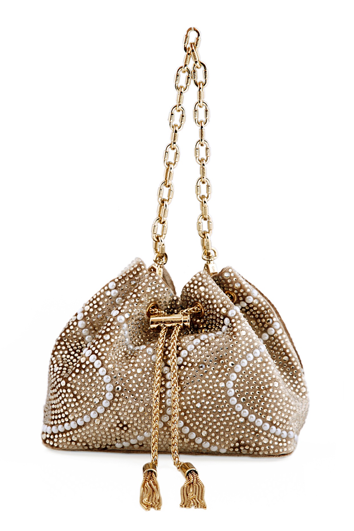 Gold Velvet Swarovski Bucket Bag by House of BIO by Ritti Khanna
